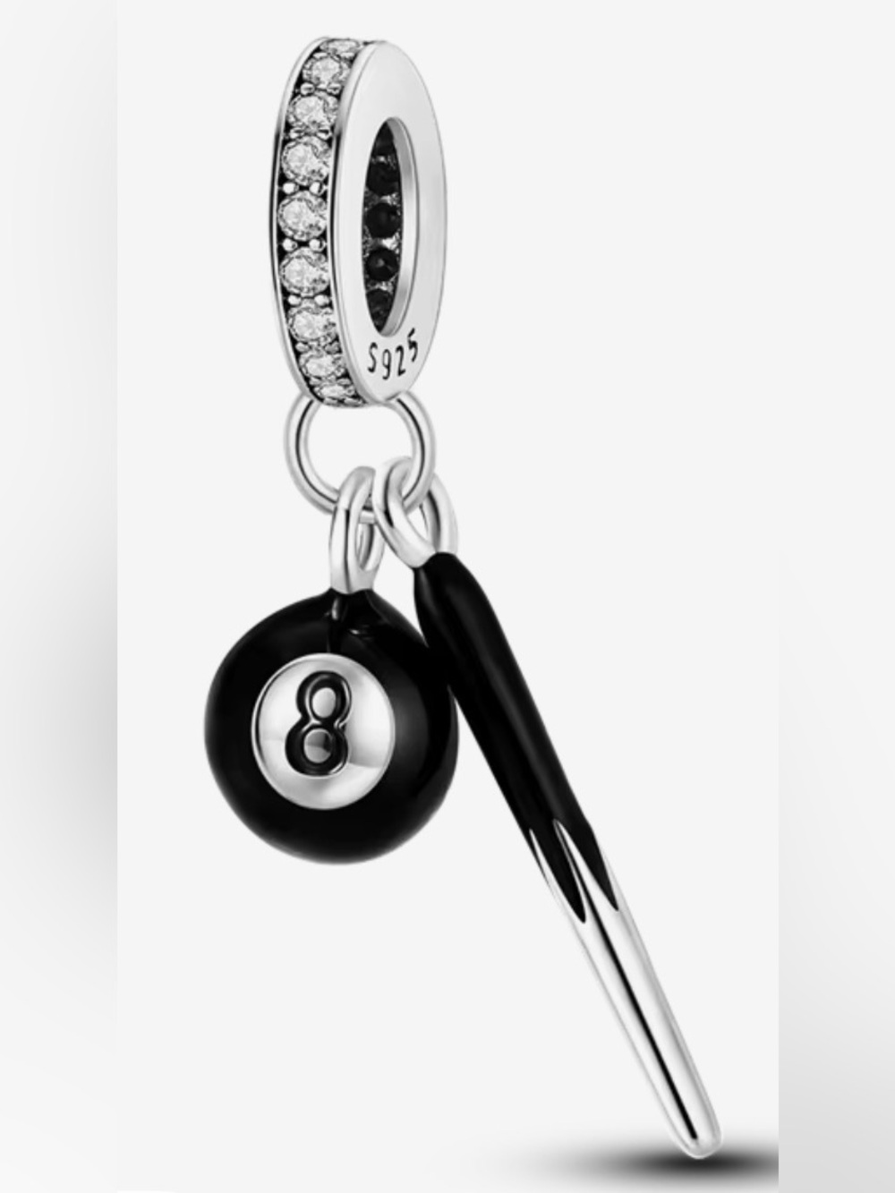 Silver & Black 8-Ball and Pool Stick Dangle Charm